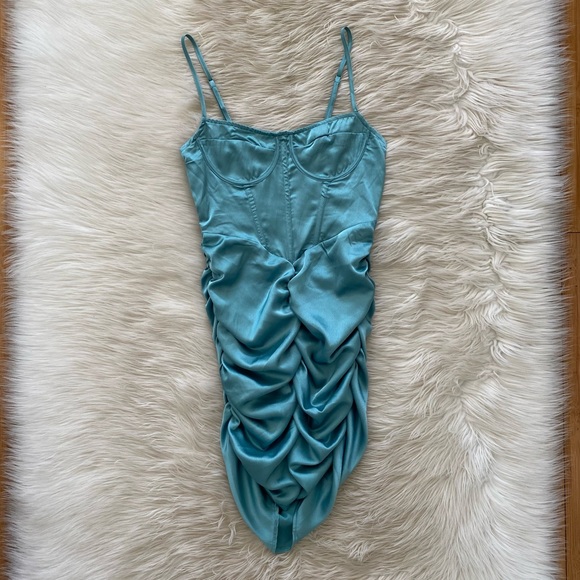 PrettyLittleThing Teal Light Blue Satin Sleeveless Corset Ruched Bodycon Dress - Picture 2 of 12